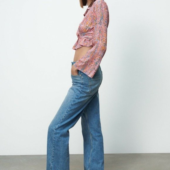 ZARA NWT Printed Cropped Blouse With Buckle Multicolor - Picture 4 of 7
